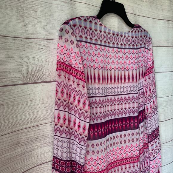 Decree Pink Sheer Geometric Pattern Blouse Swim Cover Up Tie Neck Size M - Picture 14 of 16